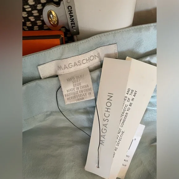 NWT Magaschoni 100% Dupioni Silk straight w little Flare Pants Light Blue Size 2 - Picture 4 of 14